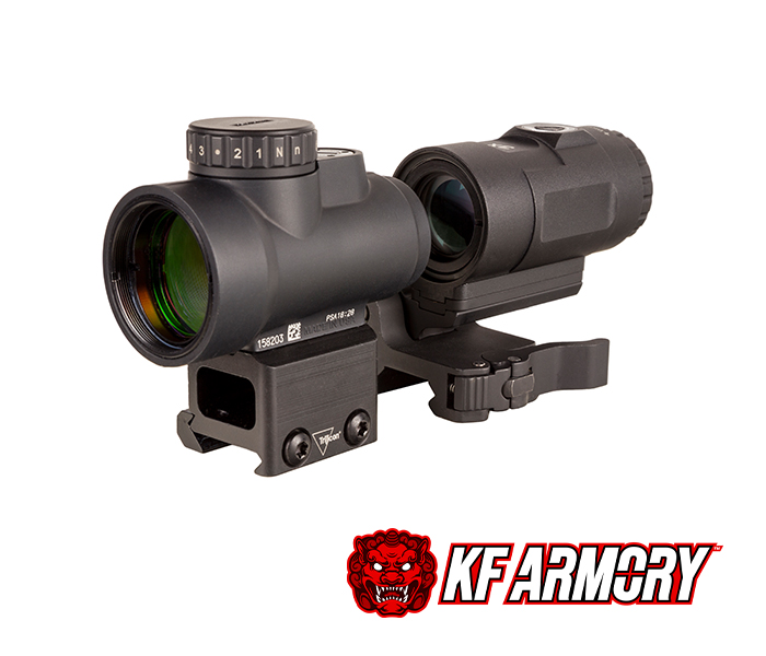 Trijicon® MRO® HD 1x25 Red Dot Sight with 3x Magnifier Adjustable 68 MOA Reticle with a 2.0 MOA Dot on a Full Co-Witness Mount; 3x Magnifier with Quick Release Flip-to-Side Mount